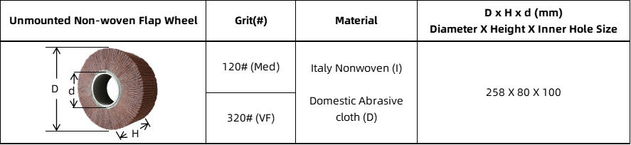 Silicon Carbide Unmounted Non-woven Flap Wheel (SC) Non-woven Flap Wheel (Jumbo Size) Size Table